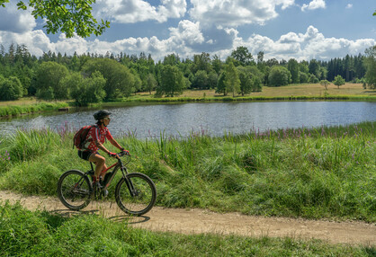 Woman riding an e-bike beside a lake